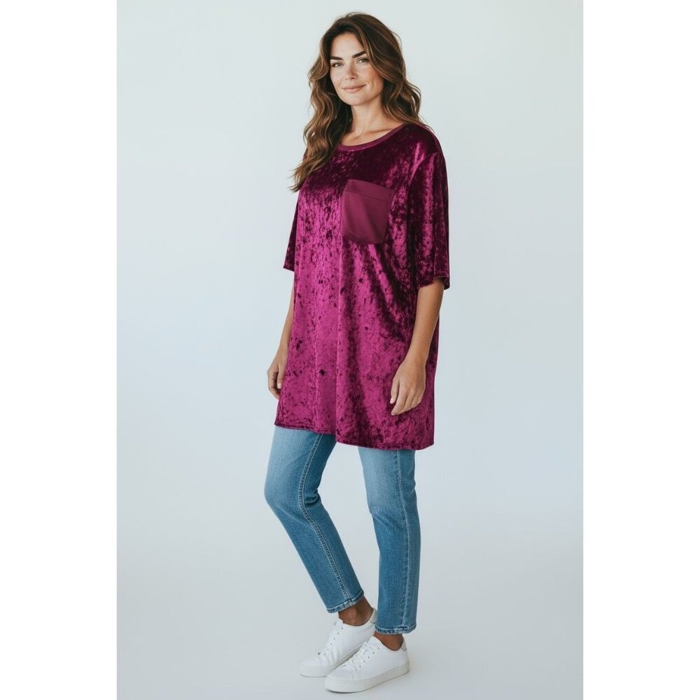 NEW Evri Top 1X Stretch Crushed Velvet Pocket Tee Shirt Magenta Pink Blouse Plus